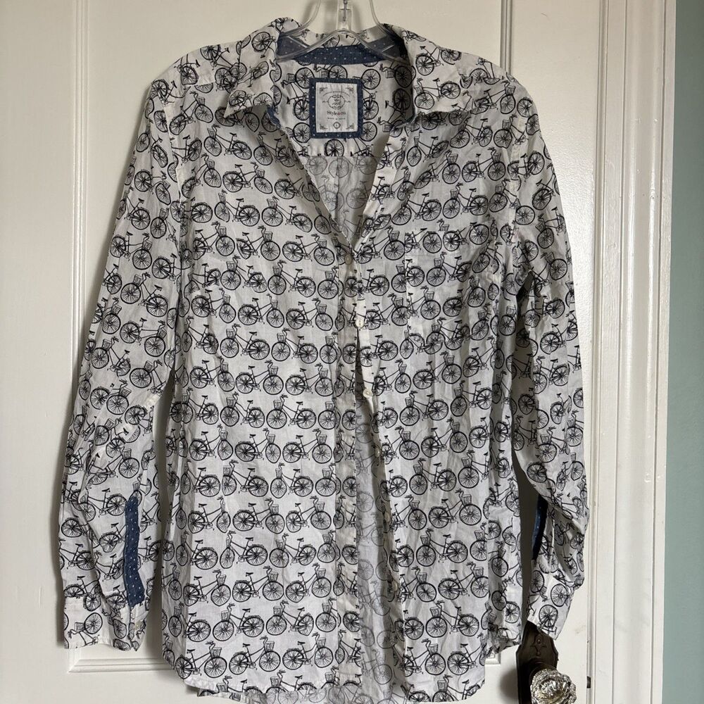 Style & Co Bicycle Shirt Beach Cruiser Button Up Top Sz L Cotton